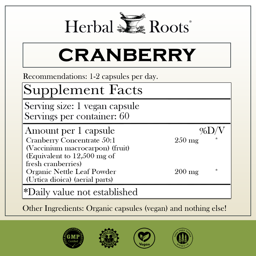 Herbal Roots Cranberry supplement facts. 250 mg of cranberry concentrate. 200 mg organic nettle leaf powder. Take 1-2 capsules a day.