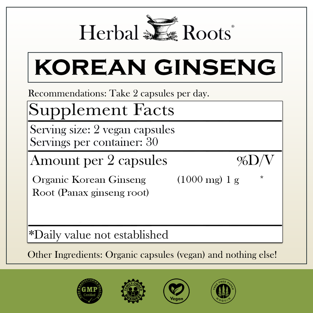 Herbal Roots Korean Ginseng supplement facts. Organic Korean Ginseng root 1,000 milligrams. Take 2 capsules per day.