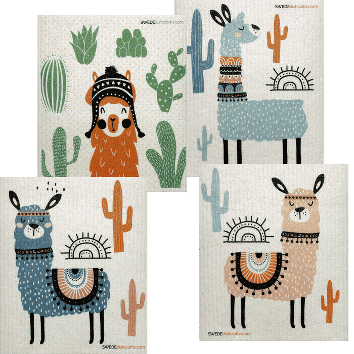 Mixed Llamas Set of 4 Swedish Dishcloths – Reusable, Compostable & Eco-Friendly Paper Towel Alternatives