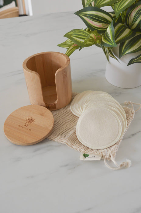 Bamboo Storage Box + Reusable Hemp Cotton Rounds – 15-Pack Zero Waste Skincare Set