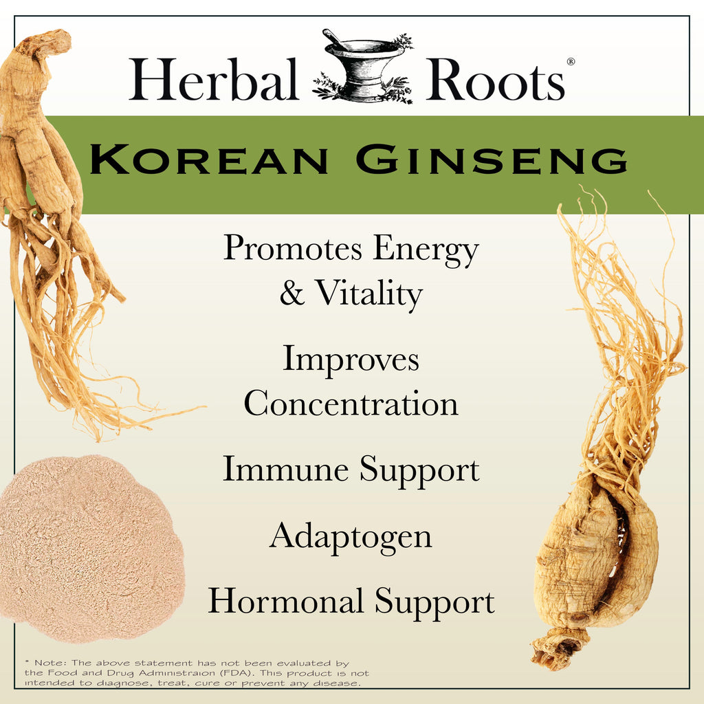 two ginseng roots and a pile of ginseng powder with text that says, "Herbal Roots Korean Ginseng promotes energy and vitality, improves concentration, immune support, adaptogen and hormonal support.