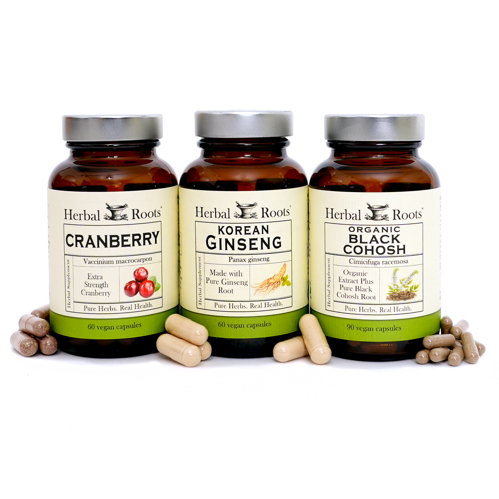 Herbal Roots bottles of Cranberry, Korean Ginseng and Black Cohosh next to each other.