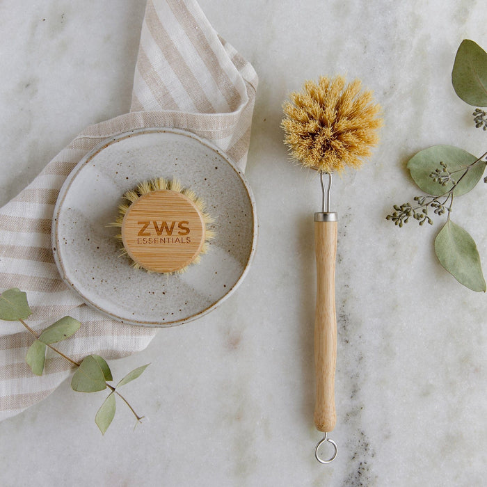 Long Handled Dish Brush Mini Kit – Bamboo & Agave Bristle Scrub Brush with Replacement Head | Plastic-Free, Compostable & Sustainable Cleaning Essential