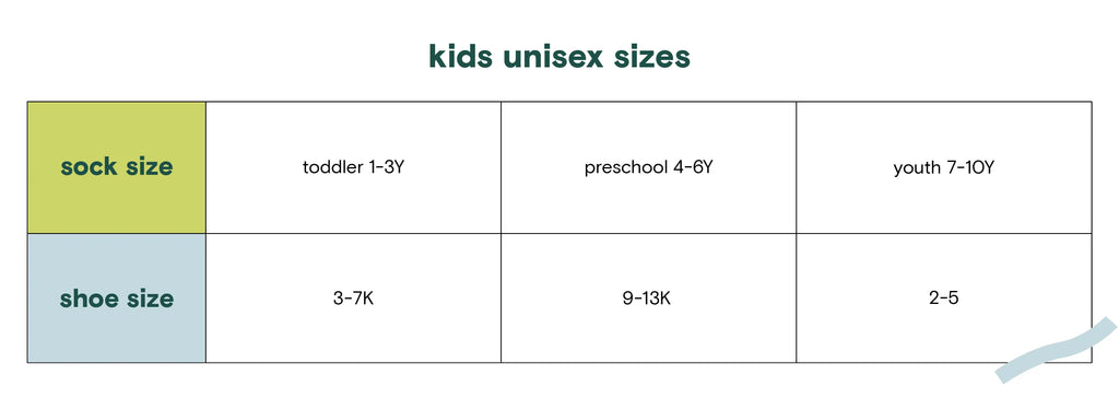 size chart for kid socks