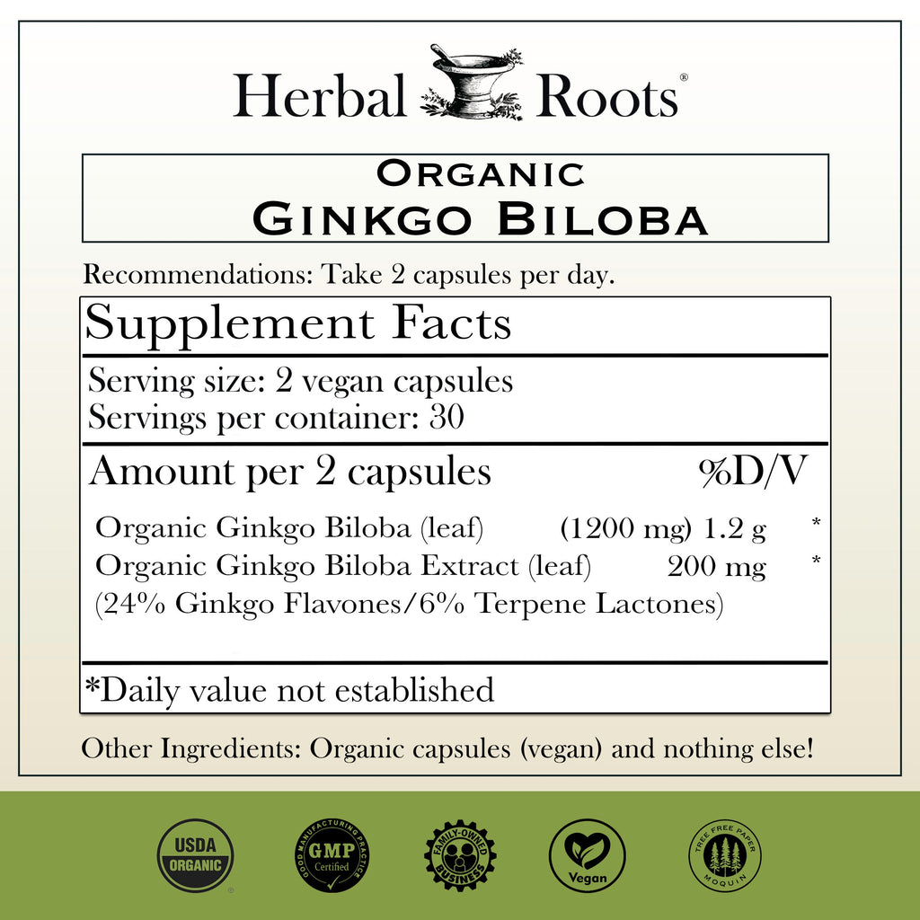 Herbal Roots Organic Ginkgo Biloba supplement facts. Take 2 capsules per day. 1200 mg organic ginkgo biloba, 200 mg organic ginkgo biloba extract