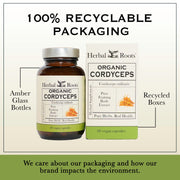 Herbal Roots Organic Cordyceps supplement with recyclable packaging information on a beige background.