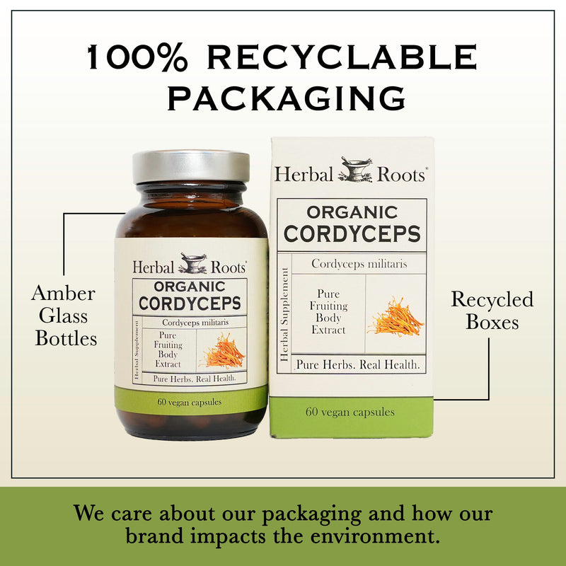 Herbal Roots Organic Cordyceps supplement with recyclable packaging information on a beige background.