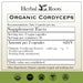 Supplement label for Herbal Roots Organic Cordyceps with supplement facts and certification logos. Amount per 2 vegan capsules - 1000 mg organic cordyceps extract (fruiting body mushroom)