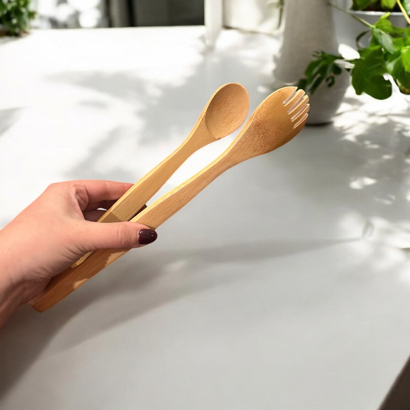 12" Bamboo Serving Tongs with Fork End | Eco-Friendly Kitchen Utensil