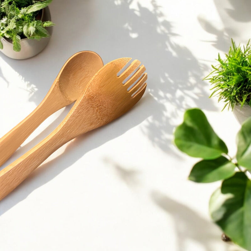 12" Bamboo Serving Tongs with Fork End | Eco-Friendly Kitchen Utensil