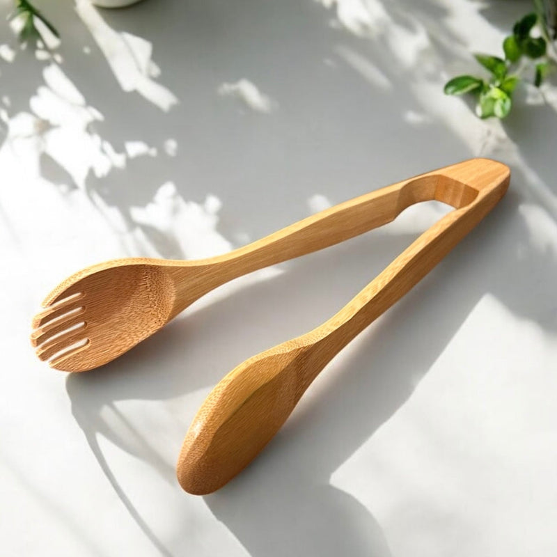 12" Bamboo Serving Tongs with Fork End | Eco-Friendly Kitchen Utensil