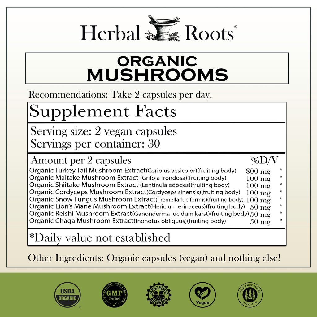 Herbal Roots organic mushrooms supplement facts with Extracts of 800mg Organic Turkey Tail, 100mg Organic Maitake, 100mg 100mg Organic Shiitake, 100 mg Organic Cordyceps, 100 mg Organic Snow mushroom, 50 mg Organic Lion’s Mane, 50 mg Organic Reishi, 50 mg Organic Chaga, vegan capsules, and nothing else! Take 2 capsules per day.