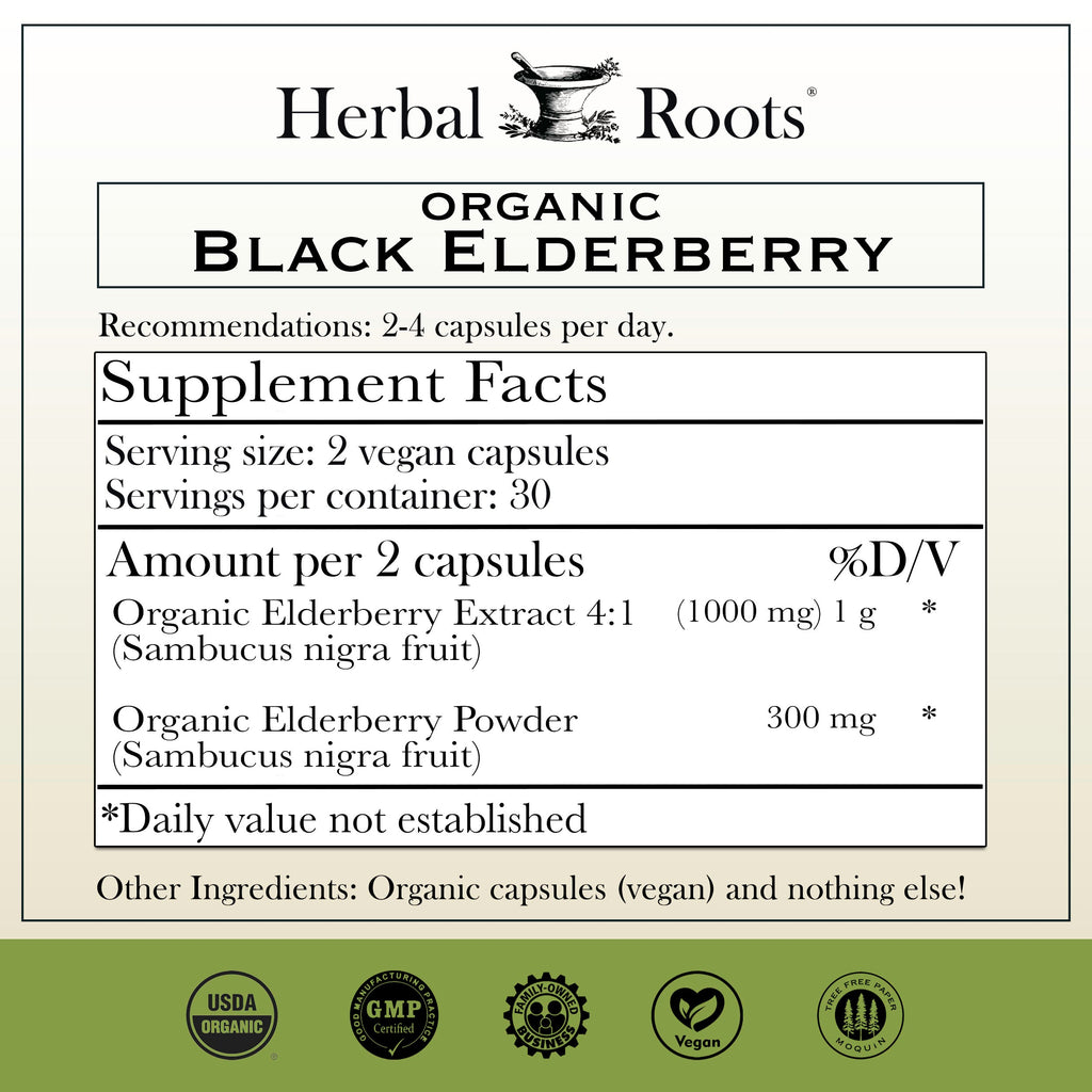 Herbal Roots organic black elderberry supplement facts with 1000mg organic elderberry extract and 300mg organic elderberry fruit powder. Take 2-4 capsules per day. 