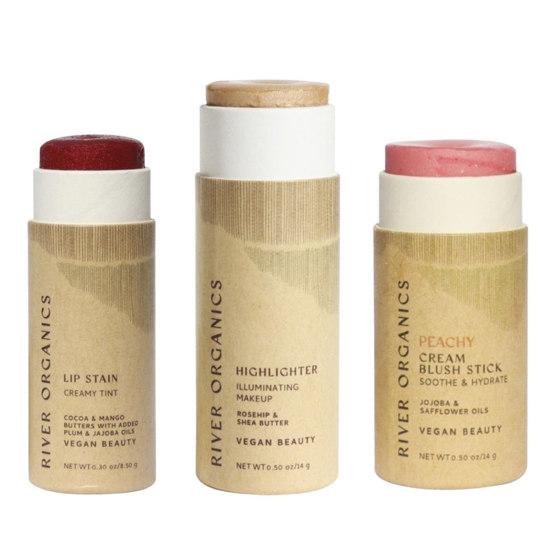 Lip + Highlighter + Blush Set – Customizable Vegan Makeup Trio | Plastic-Free, Organic & Cruelty-Free Beauty