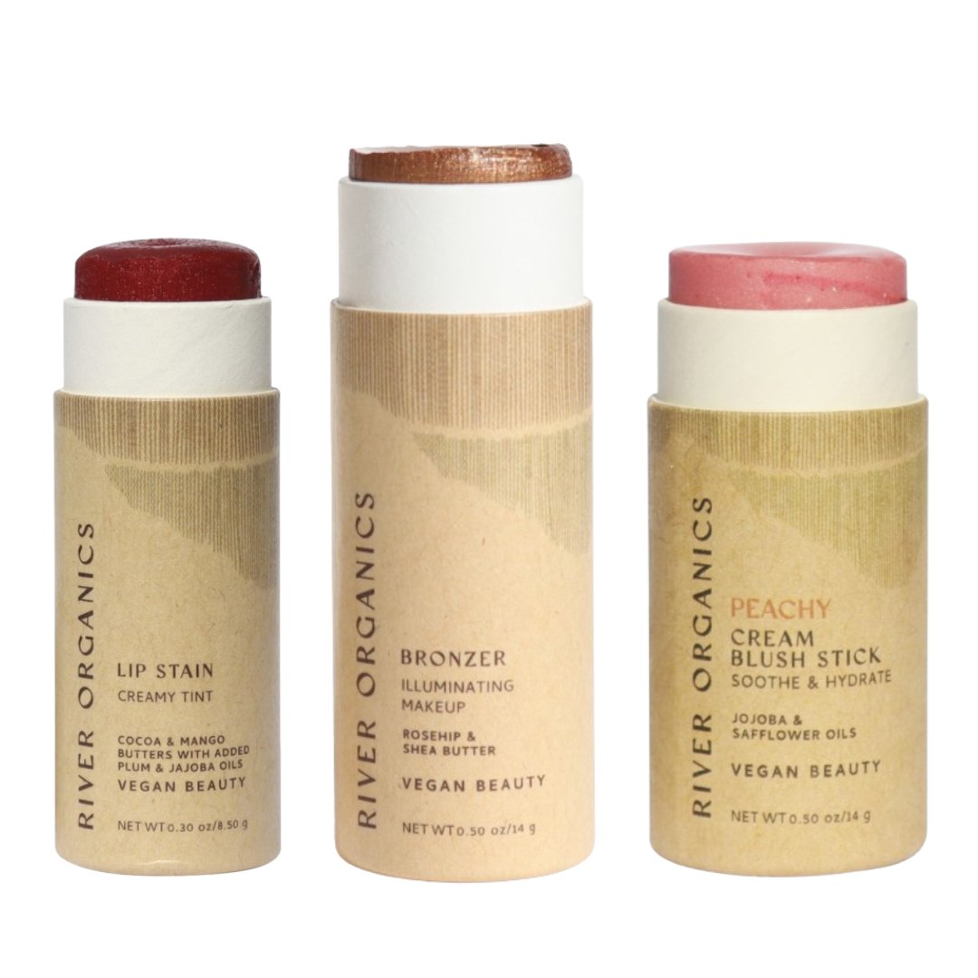 Lip + Highlighter + Blush Set – Customizable Vegan Makeup Trio | Plastic-Free, Organic &amp; Cruelty-Free Beauty
