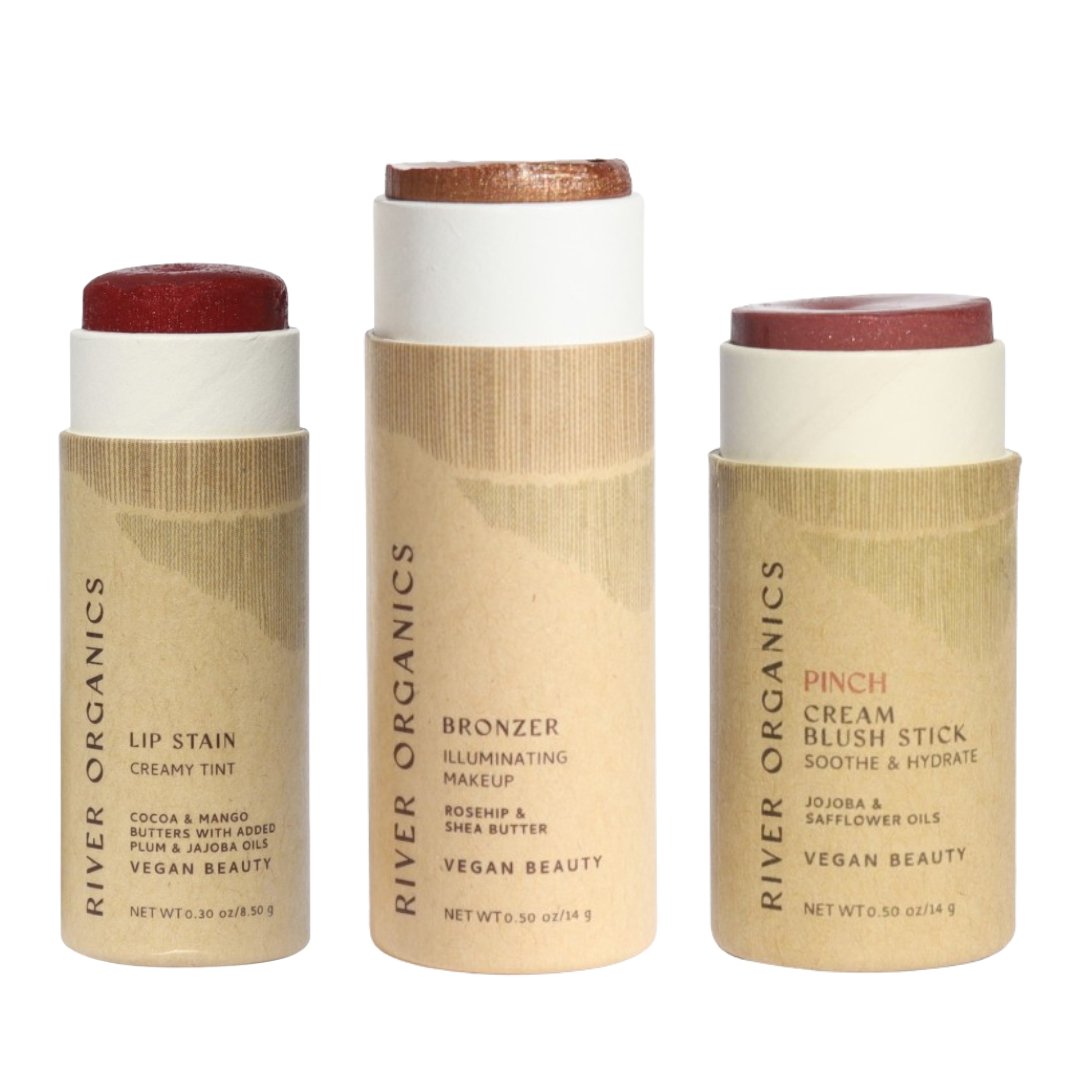Lip + Highlighter + Blush Set – Customizable Vegan Makeup Trio | Plastic-Free, Organic &amp; Cruelty-Free Beauty