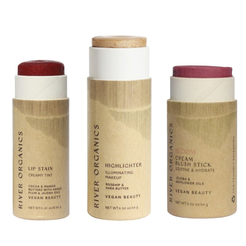 Lip + Highlighter + Blush Set – Customizable Vegan Makeup Trio | Plastic-Free, Organic & Cruelty-Free Beauty