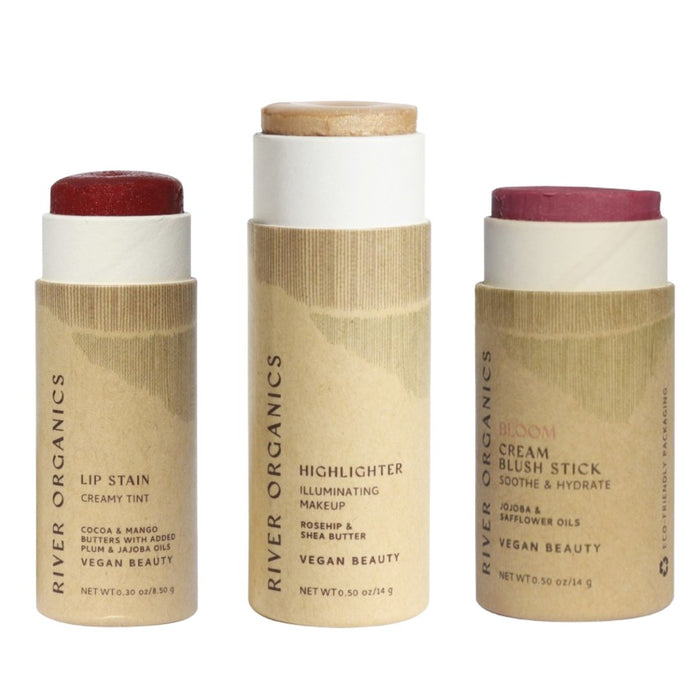 Lip + Highlighter + Blush Set – Customizable Vegan Makeup Trio | Plastic-Free, Organic & Cruelty-Free Beauty