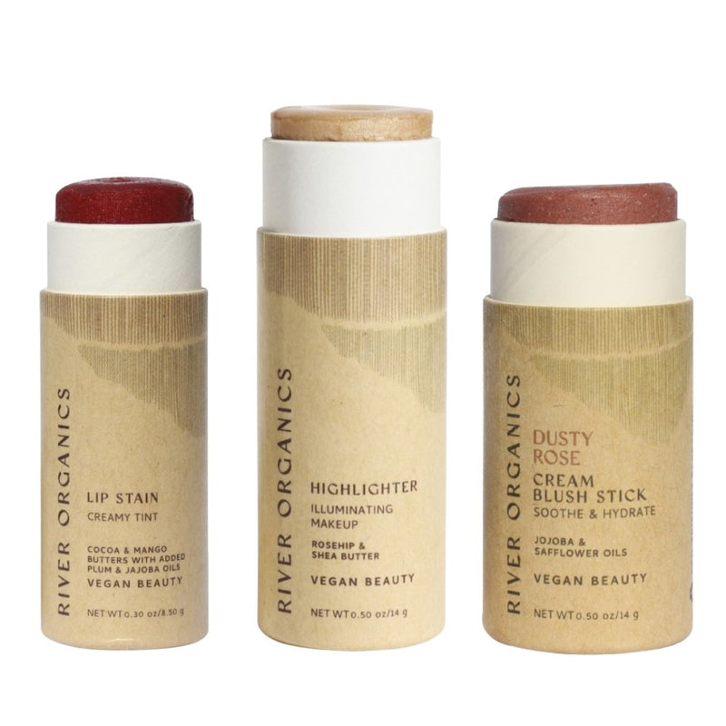Lip + Highlighter + Blush Set – Customizable Vegan Makeup Trio | Plastic-Free, Organic & Cruelty-Free Beauty