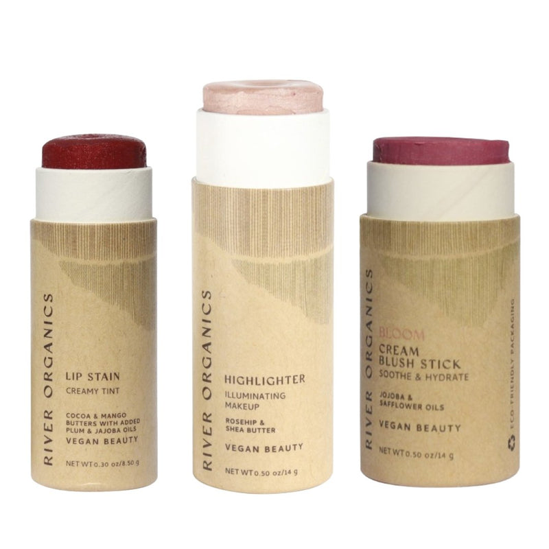 Lip + Highlighter + Blush Set – Customizable Vegan Makeup Trio | Plastic-Free, Organic & Cruelty-Free Beauty