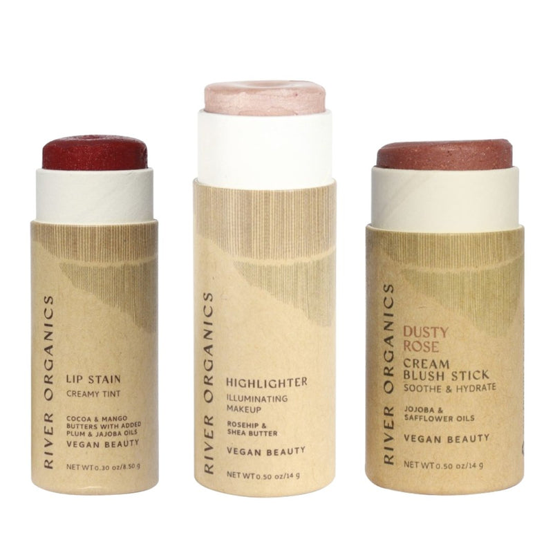 Lip + Highlighter + Blush Set – Customizable Vegan Makeup Trio | Plastic-Free, Organic & Cruelty-Free Beauty
