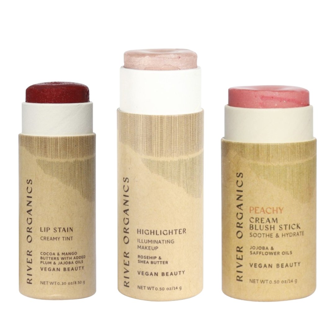 Lip + Highlighter + Blush Set – Customizable Vegan Makeup Trio | Plastic-Free, Organic &amp; Cruelty-Free Beauty