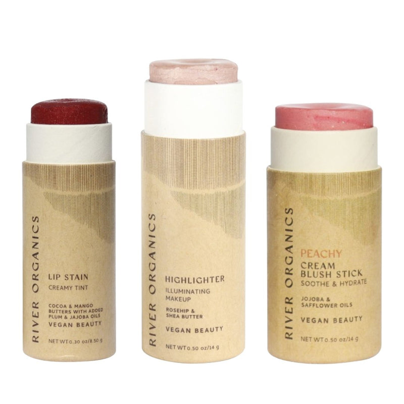Lip + Highlighter + Blush Set – Customizable Vegan Makeup Trio | Plastic-Free, Organic & Cruelty-Free Beauty