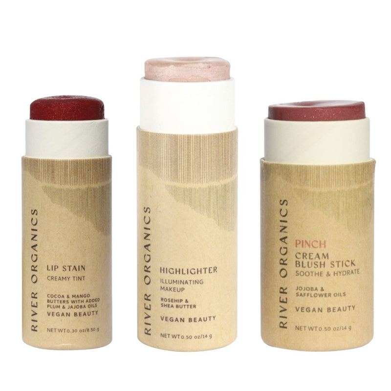 Lip + Highlighter + Blush Set – Customizable Vegan Makeup Trio | Plastic-Free, Organic & Cruelty-Free Beauty