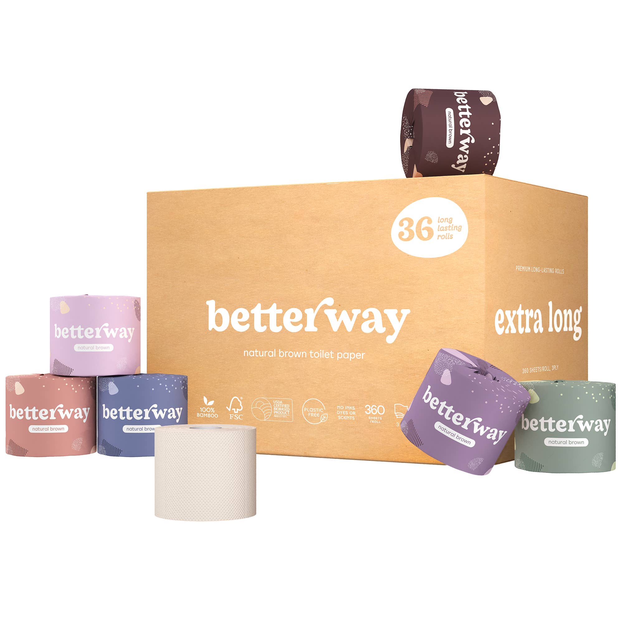 Betterway - Single-Wrapped Bamboo TP - 36-pack | White &amp; Natural Brown