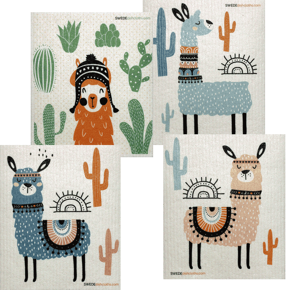 Mixed Llamas Set of 4 Swedish Dishcloths – Reusable, Compostable & Eco-Friendly Paper Towel Alternatives
