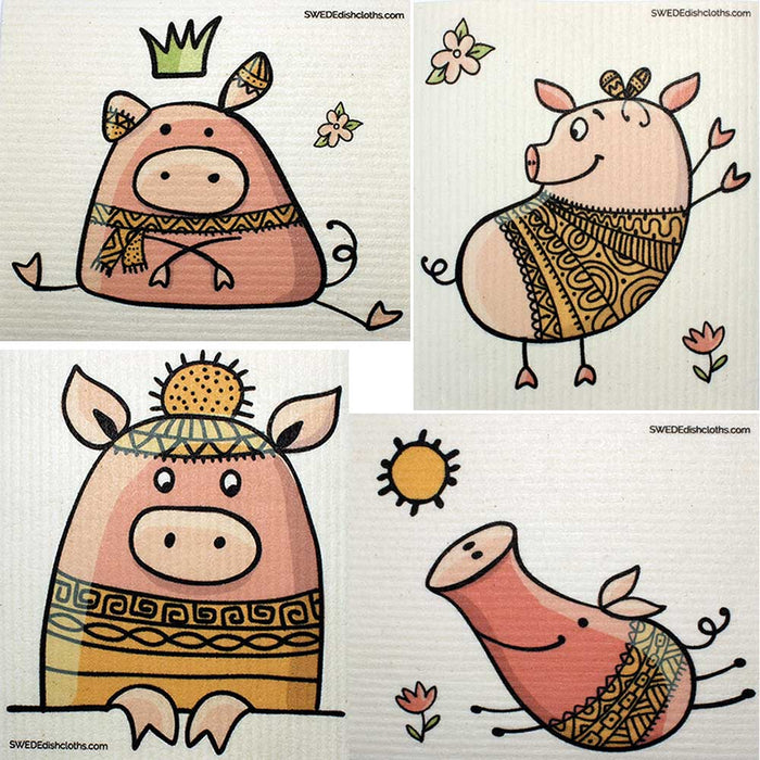 Mixed Cute Pigs Set of 4 Swedish Dishcloths – Reusable, Compostable & Eco-Friendly Paper Towel Replacements