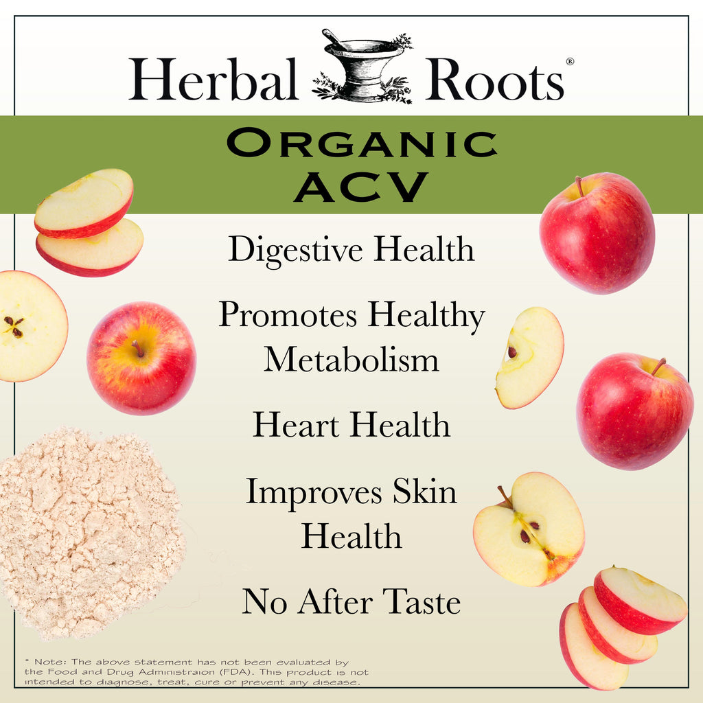 Slices of apple and three whole apples surrounding text that says Organic ACV - Digestive Health, Promotes Healthy Metabolism, Heart Health, Improves Skin Health, No after taste. 