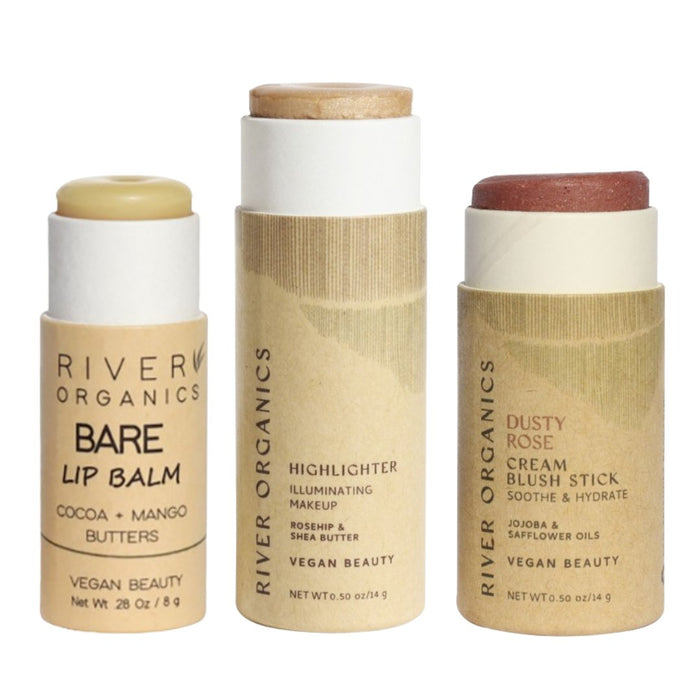 Lip + Highlighter + Blush Set – Customizable Vegan Makeup Trio | Plastic-Free, Organic & Cruelty-Free Beauty