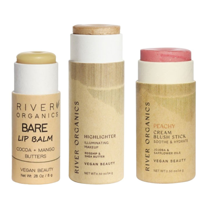 Lip + Highlighter + Blush Set – Customizable Vegan Makeup Trio | Plastic-Free, Organic & Cruelty-Free Beauty