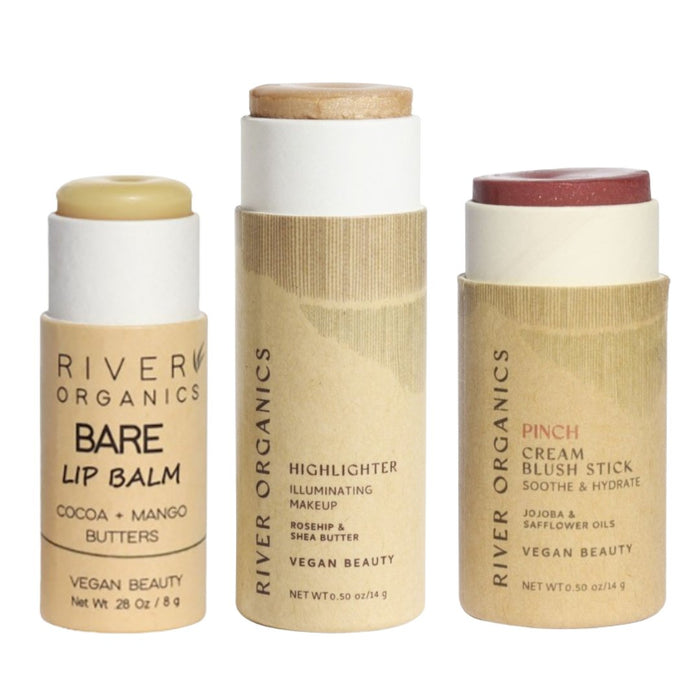 Lip + Highlighter + Blush Set – Customizable Vegan Makeup Trio | Plastic-Free, Organic & Cruelty-Free Beauty