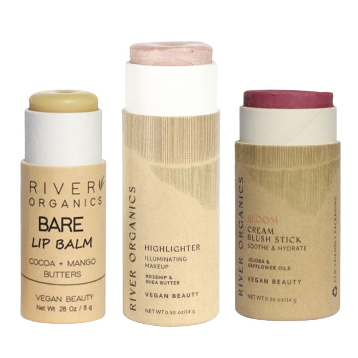 Lip + Highlighter + Blush Set – Customizable Vegan Makeup Trio | Plastic-Free, Organic & Cruelty-Free Beauty