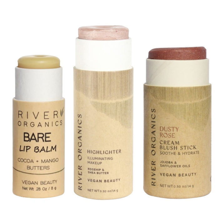 Lip + Highlighter + Blush Set – Customizable Vegan Makeup Trio | Plastic-Free, Organic & Cruelty-Free Beauty