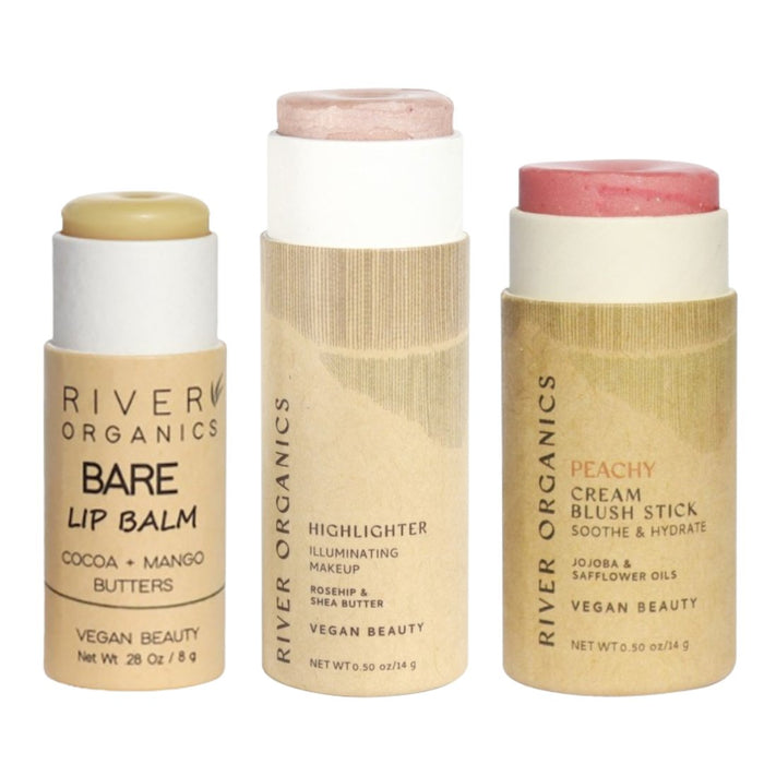 Lip + Highlighter + Blush Set – Customizable Vegan Makeup Trio | Plastic-Free, Organic & Cruelty-Free Beauty