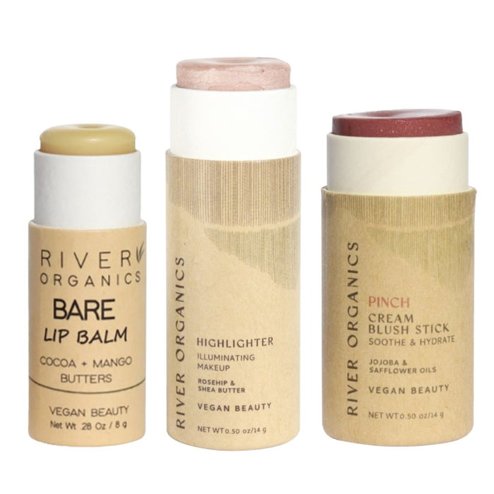 Lip + Highlighter + Blush Set – Customizable Vegan Makeup Trio | Plastic-Free, Organic & Cruelty-Free Beauty