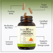 Bottle of Herbal Roots Organic Cordyceps with labeled benefits on a green background. Product benefits include fruiting body, vegan capsules, no binders, no fillers, certified organic, immune support, supports healthy energy levels.
