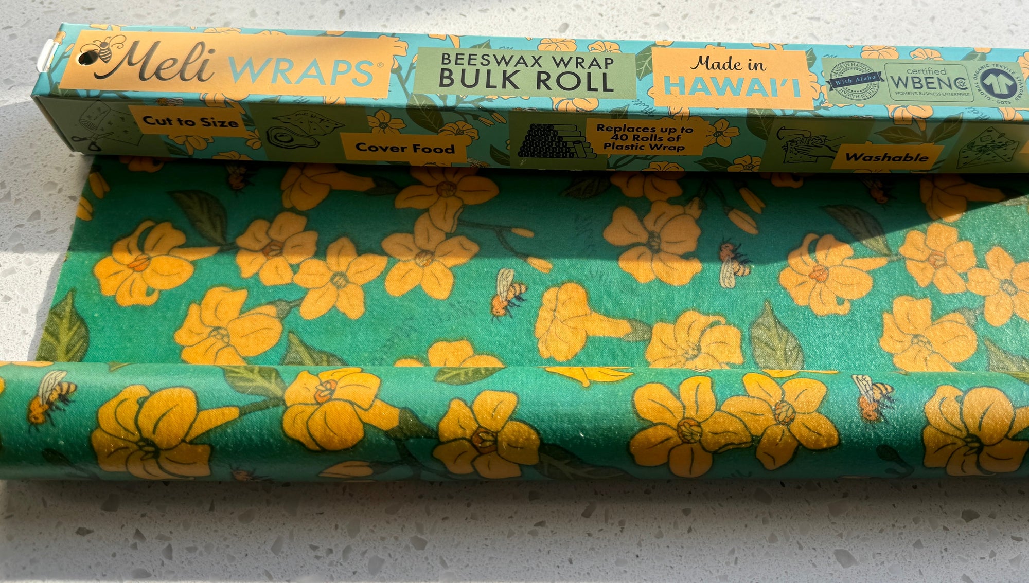Beeswax Wrap Bulk Roll - Puakenikeni &amp; Bee Print | Sustainable Plastic-Free Food Storage Roll