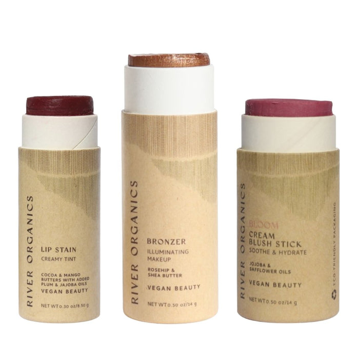 Lip + Highlighter + Blush Set – Customizable Vegan Makeup Trio | Plastic-Free, Organic & Cruelty-Free Beauty
