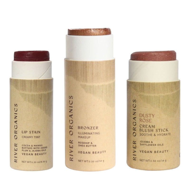 Lip + Highlighter + Blush Set – Customizable Vegan Makeup Trio | Plastic-Free, Organic & Cruelty-Free Beauty