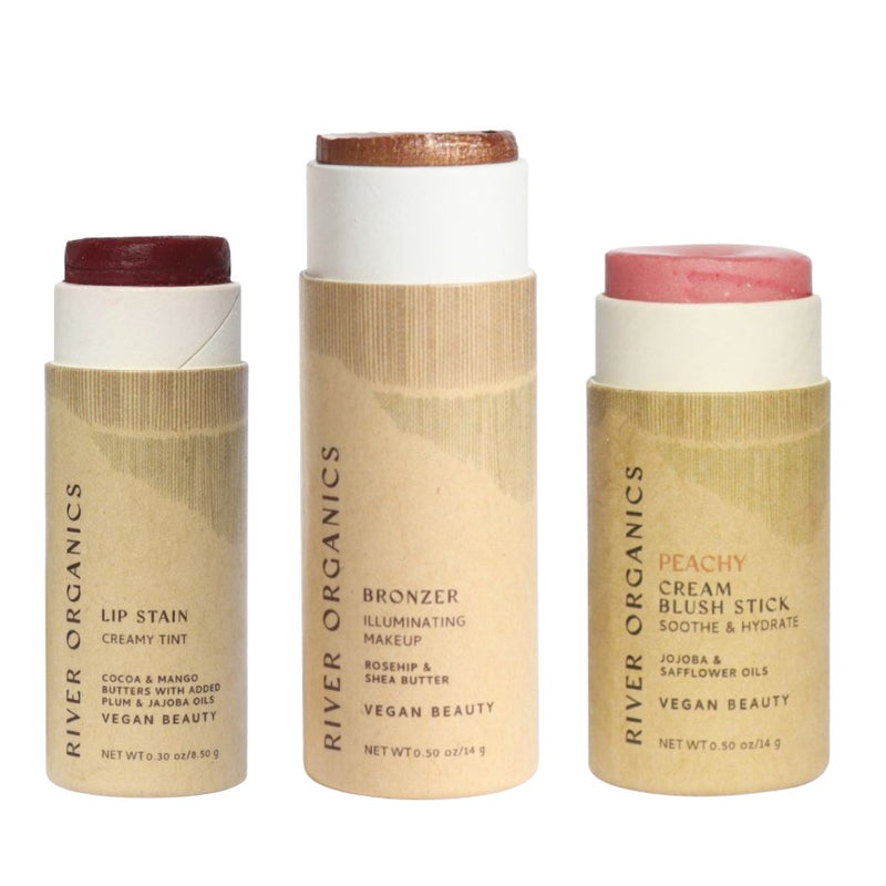 Lip + Highlighter + Blush Set – Customizable Vegan Makeup Trio | Plastic-Free, Organic & Cruelty-Free Beauty