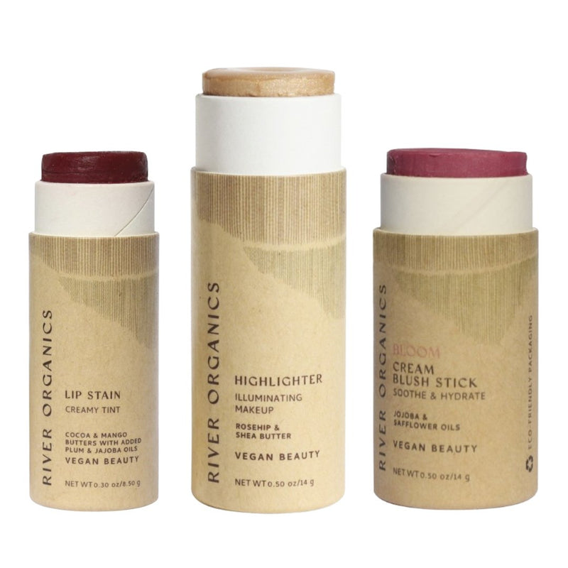 Lip + Highlighter + Blush Set – Customizable Vegan Makeup Trio | Plastic-Free, Organic & Cruelty-Free Beauty