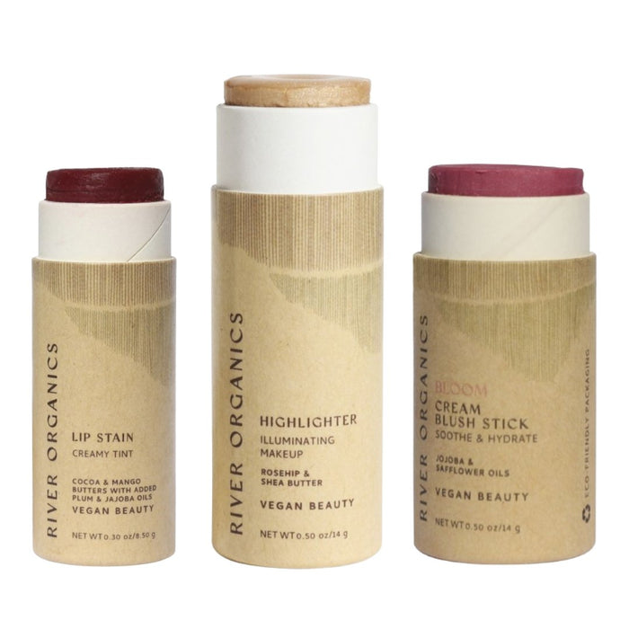Lip + Highlighter + Blush Set – Customizable Vegan Makeup Trio | Plastic-Free, Organic & Cruelty-Free Beauty