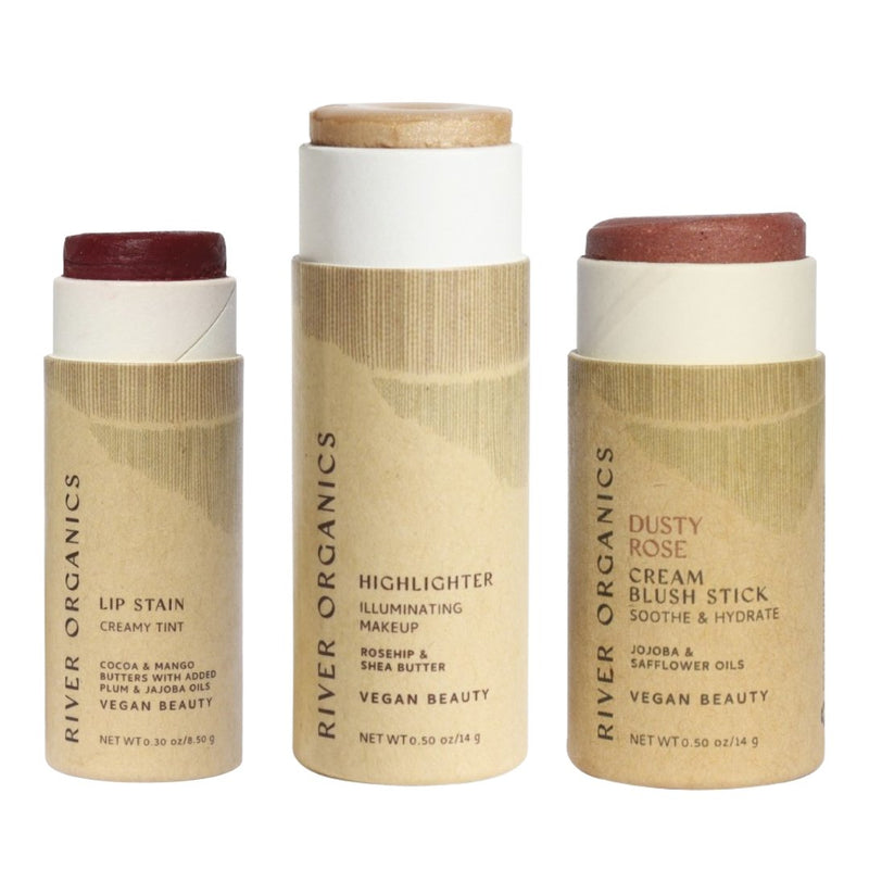 Lip + Highlighter + Blush Set – Customizable Vegan Makeup Trio | Plastic-Free, Organic & Cruelty-Free Beauty