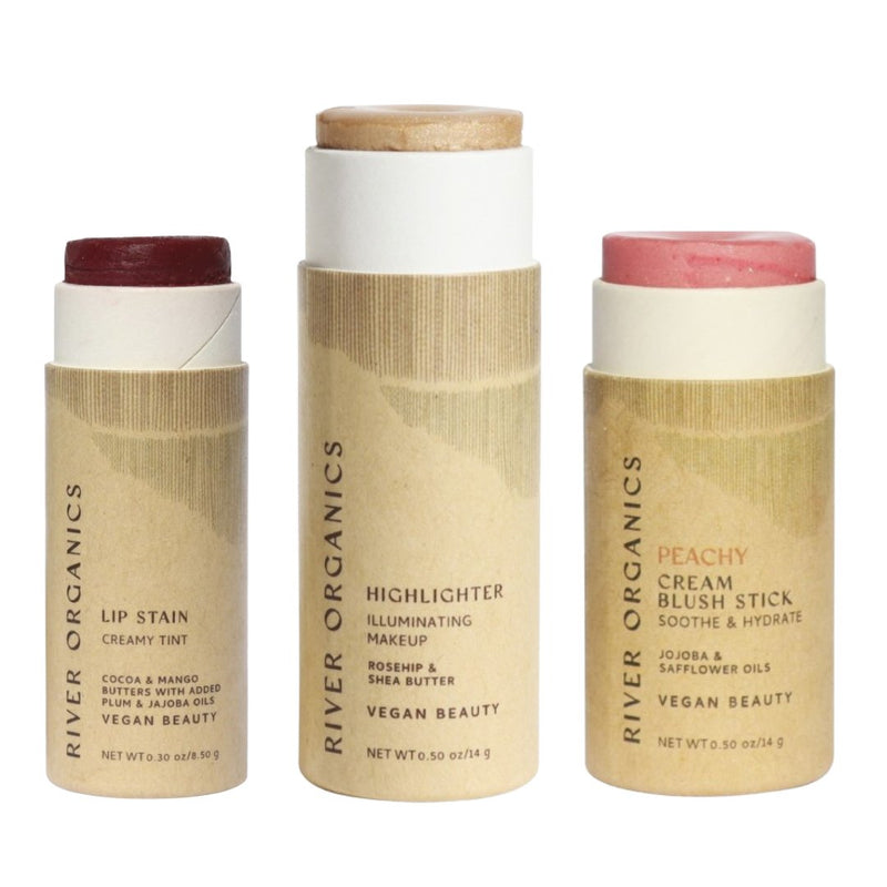 Lip + Highlighter + Blush Set – Customizable Vegan Makeup Trio | Plastic-Free, Organic & Cruelty-Free Beauty
