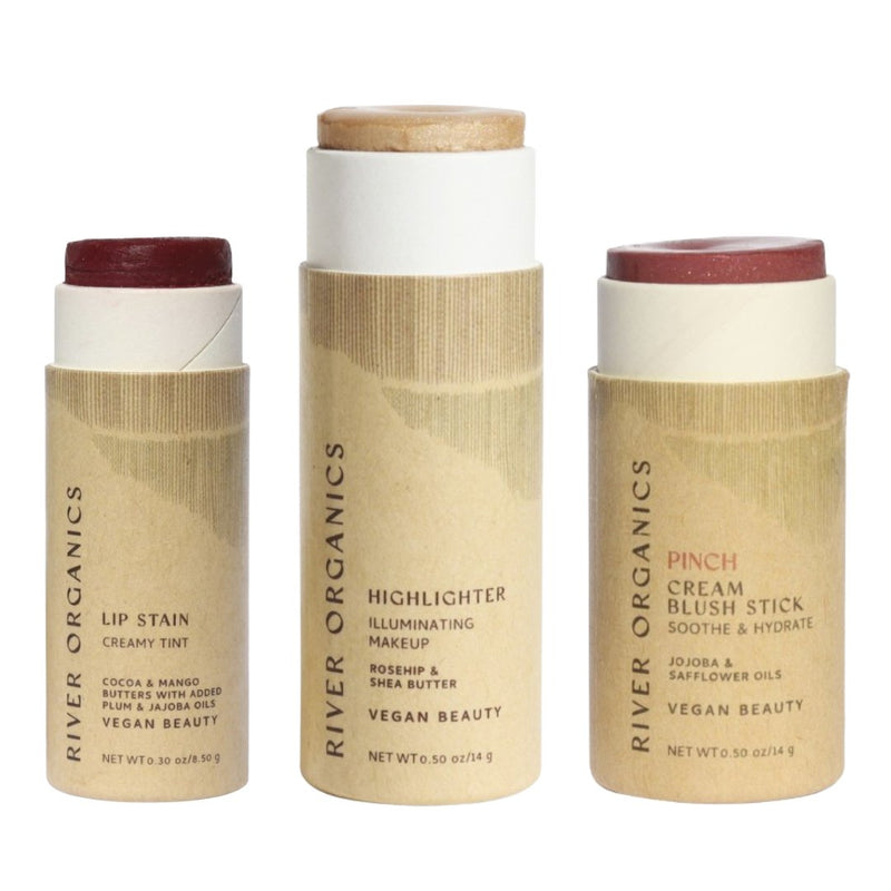 Lip + Highlighter + Blush Set – Customizable Vegan Makeup Trio | Plastic-Free, Organic & Cruelty-Free Beauty