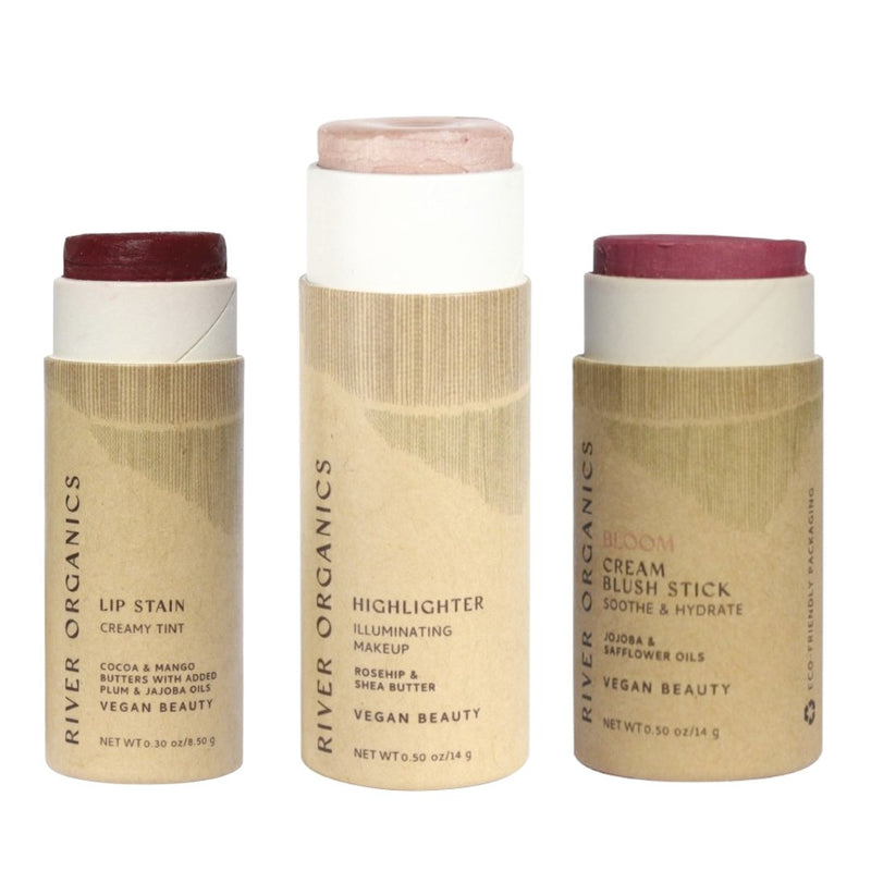 Lip + Highlighter + Blush Set – Customizable Vegan Makeup Trio | Plastic-Free, Organic & Cruelty-Free Beauty